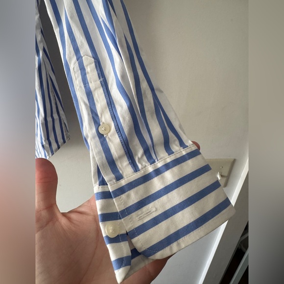 Lauren Ralph Lauren Blue Jamelko Stipe Cotton Logo Shirt Stretch Non Iron - Picture 6 of 10